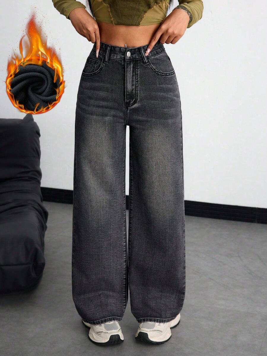 SHEIN ICON Solid Color Pocketed Thermal Lined Wide Leg Jeans, Winter - Grey - View 1