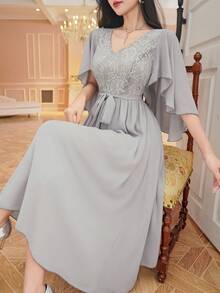 DAZY Chiffon Patchwork Cap Sleeve Belted Women's Mid-Length Dress Sundress - Blue - View 8