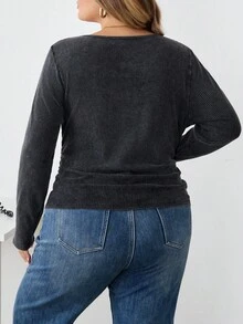 SHEIN CURVE+ 大码休闲做旧雪花长袖T恤/秋冬 - 黑色 - 查看 2