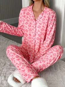 EURMUSE Women 2 Pcs Button Front With Animal Pattern Pocket Detail Long Sleeve Shirt&Pants Homewear Pajama Set Womens Pajama Set Pajama Pink Pink Pajamas Pink Animal Print Pajamas Animal Print Pajama Set - Pink - View 6