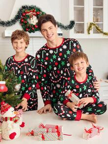 2 件圣诞节舒适家居趣味印花可爱卡通拐杖糖、圣诞树、雪花、星星圣诞礼物长袖裤抽绳可爱儿童外套睡衣套装，男孩和大童 - 黑色 - 查看 7