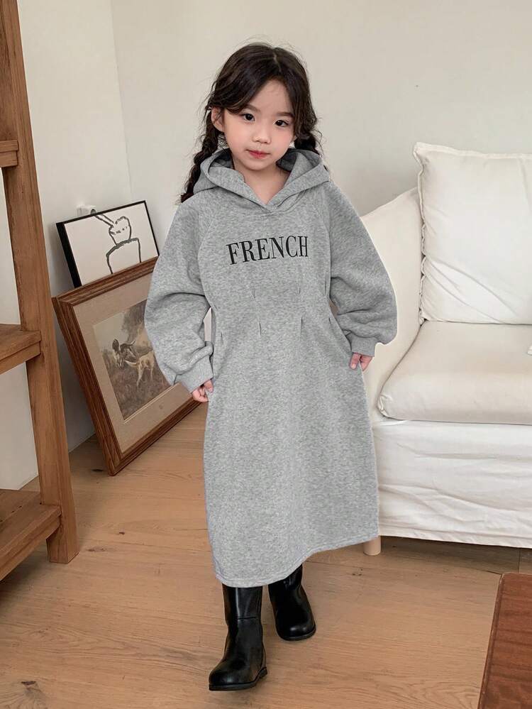 Young Girls Round Neck Pleated English Letter Print Casual Korean Style Long Sleeve Dress