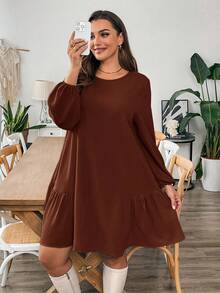 SHEIN Essnce Váy kaki dài tay rộng rãi, thoải mái cho mùa thu đông cỡ lớn dành cho nữ, váy ngắn mùa thu, trang phục mùa thu cho nữ, trang phục công sở, váy công sở cho nữ, dạ hội, trang phục giáo viên, váy cong - Rỉ Nâu - Xem 4