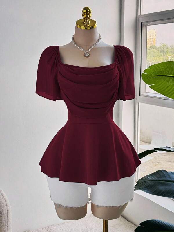 Ceyna Camisa de mujer talla grande elegante y romántica con mangas, cuello y bajo con volantes de gasa