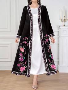 Al Najma 1 件女士舒适黑色花卉图案长袍，适合所有季节服装。，精致的花卉设计神秘优雅奢华，适合日常穿着、约会、休闲、派对礼服长袍，新品女装春季女装休闲装女士礼服女士礼服女士优雅女式长裙女士正式礼服女士长裙女士舞会礼服女士夏季礼服，端庄的阿巴雅