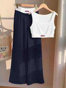 Comfortcana 2 件套女式字母印花背心和撞色长裤套装，奶油黄色，夏季假期 - 藏蓝色 - 查看 4