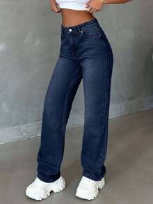 SHEIN Tall HIGH RISE STRAIGHT CUT LIGHT BLUE JEAN TALL - Dark Wash - View 8