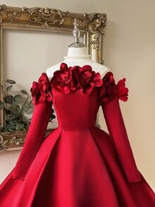 Lovelzi Elegant Glamorous 3D Floral Jewel Embellished Off Shoulder Long Sleeve A-Line Evening Party Maxi Dress - Red - View 3
