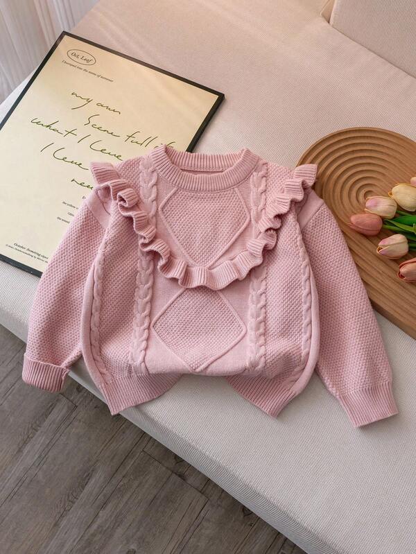 Genkimix Kids Adorable Ruffled Hem Knit Sweater For Young Girl, Pink, Suitable For Spring/Autumn, Autumn/Winter, Everyday Wear, School, Park Outings, Children's Gatherings, Creates A Cute Princess Look Fall