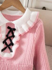 Sparklyn Váy len cổ nhún bèo, váy len nơ đen cho bé gái - Hồng - Xem 4