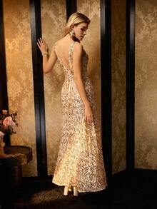 MOTF Soiréza WOMEN'S SEQUINS OPEN BACK V-NECK ELEGANT CEREMONIAL PROM DRESS - Champagne - View 1