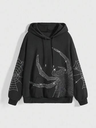 Grunge Punk Dark Spider Rhinestone Decor Loose Fit Hoodie Sweatshirt With Thermal Lining