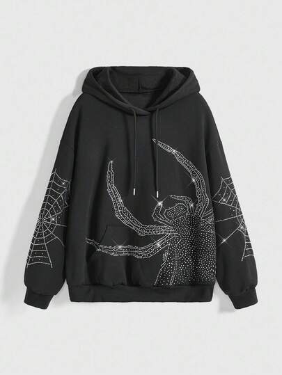 Grunge Punk Dark Spider Rhinestone Decor Loose Fit Hoodie Sweatshirt With Thermal Lining