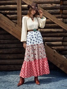 SHEIN LUNE Gaun Panjang Wanita Lengan Lentera Motif Patchwork - MultiWarna - View 6