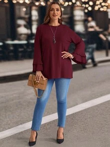 EMERY ROSE Áo thun tay chuông màu tím cỡ lớn cho nữ mùa đông thường ngày xẻ tà bên hông - Đỏ - Xem 4