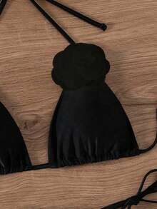 SHEIN X Lily May Mac 夏季海灘刺繡三角形綁帶比基尼套裝 - 黑色 - 查看 3