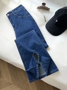 SHEIN Celana Jeans Denim Kasual Sederhana Wanita dengan Kancing Depan dan Saku, Cocok untuk Pemakaian Sehari-hari - Medium Wash - View 4