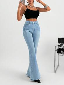 EURMUSE 低腰 Y2K 斜口袋喇叭牛仔裤 - 中等水洗藍 - 查看 4