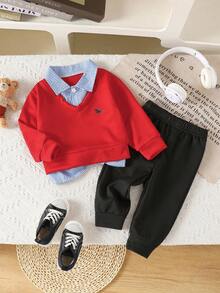 2 件套男童/幼儿男童休闲、时尚、可爱的学院风服装，适合外出、派对、上学、春/秋/冬 - 紅色 - 查看 3