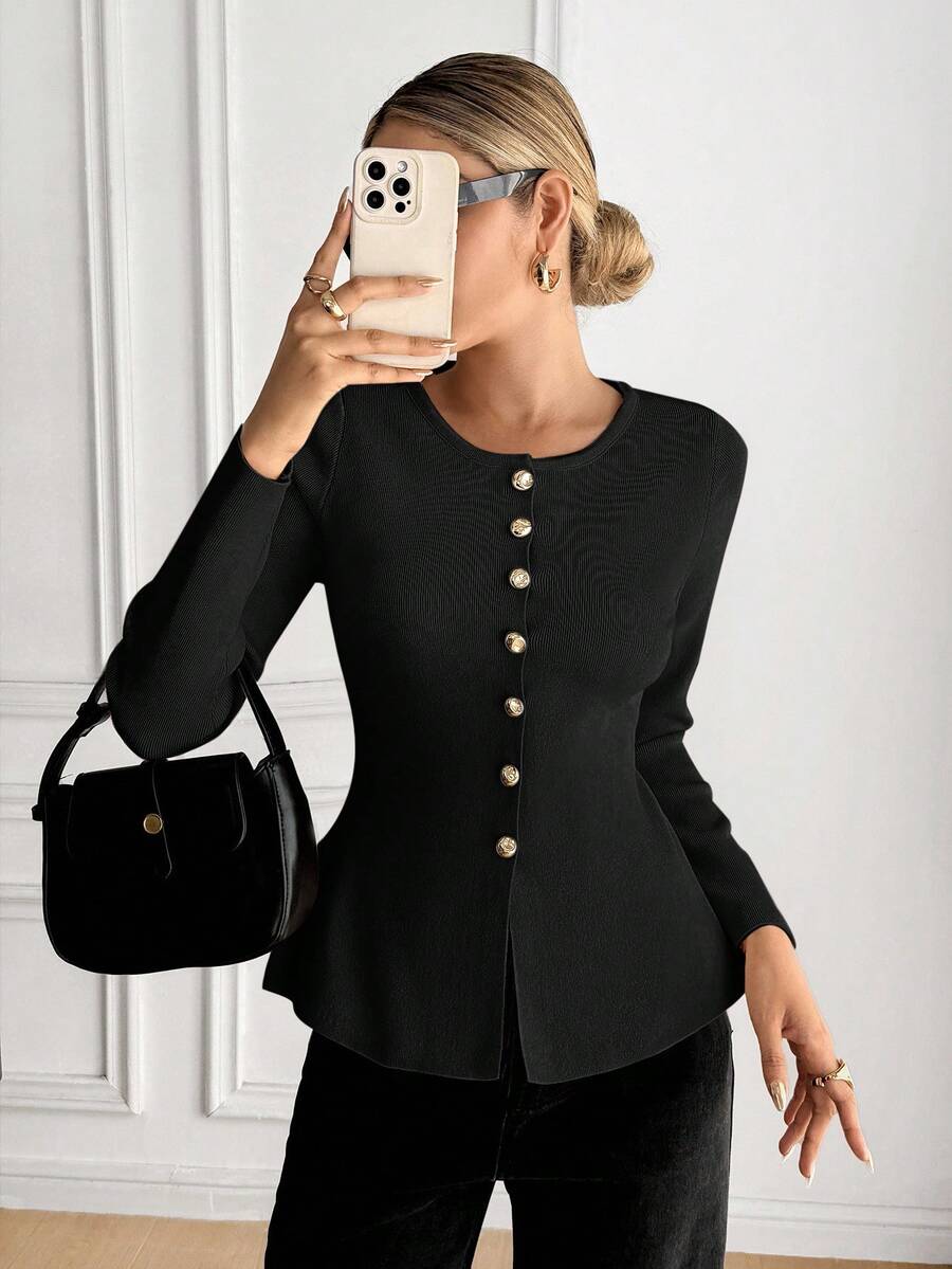 Serisse 女士休闲日常通勤简约纯色圆领长袖修身单排扣开衫，秋季