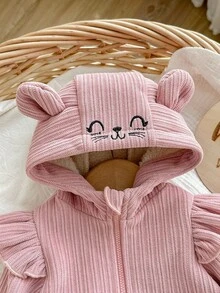 SHEIN Newborn Baby Girl Cute Casual Versatile Pink Corduroy Thermal Lined Hooded Jacket, Autumn/Winter Fall - Pink - View 7