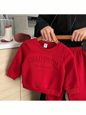 2pcs Baby Girl Solid Color Knit Crew Neck Casual Sweatshirt And Leggings Set