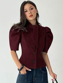 Aloruh Chaqueta de lana de manga corta de unicolor y estilo retro para mujer en otoño/invierno - Burdeos - Ver 6