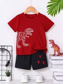 GraphicGems 男婴休闲时尚创意卡通可爱恐龙脚印印花基础款圆领T恤和短裤套装 男婴霸王龙图案T恤 恐龙男婴套装 红色T恤 男婴印花T恤 - 彩色 - 查看 2