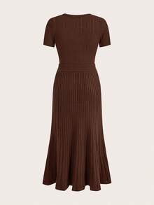 Modelyn 2 件套女士纯色圆领短袖上衣和优雅针织裙套装 2 件套女士秋冬装 - 咖啡棕 - 查看 7