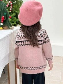 Genkimix Kids 秋冬新款韩版复古女童开衫圆领插肩袖针织花图案毛衣 - 粉色 - 查看 2