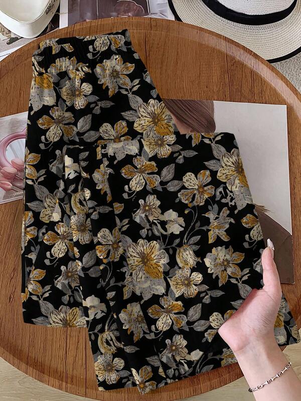 Rusticease 女士休闲花卉印花松紧腰阔腿裤，适合外出，秋冬季