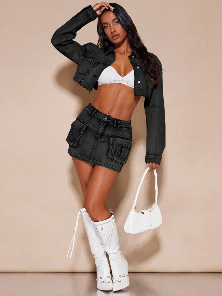 SHEIN BAE 女式纯色简约休闲牛仔裙 - 黑色 - 查看 1