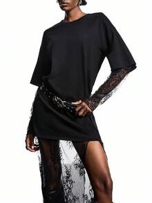 LYSMO Vestido largo holgado con cuello redondo y encaje de contraste para mujer