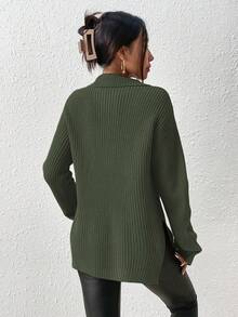 SHEIN Frenchy 半拉链落肩纹毛衣女士秋冬装 - 綠色 - 查看 2