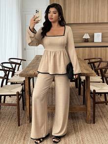 Weeklong 大码休闲通勤拼色衬衫和裤子两件套 - 卡其色 - 查看 3