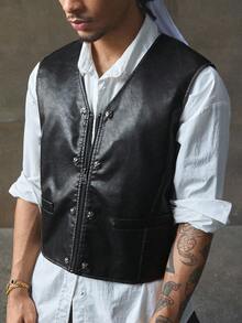 AXEPEAK 时尚百搭男士 PU 皮背心，秋冬 - 黑色 - 查看 4