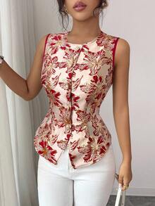 Elenzga Front Open Gold Jacquard Women's Summer Shirt Vest, Slimming Waist Blouse And Shirt, French Elegant Textured Floral Sleeveless Shirt - Red - View 6
