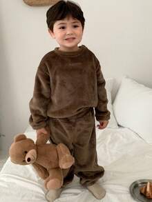 DAZY Komplet piżamowy dla chłopca w koreańskim stylu, z okrągłym dekoltem, długim rękawem i luźnym krojem, 2 sztuki, jesień i zima - Kawowy brązowy - Zobacz 5