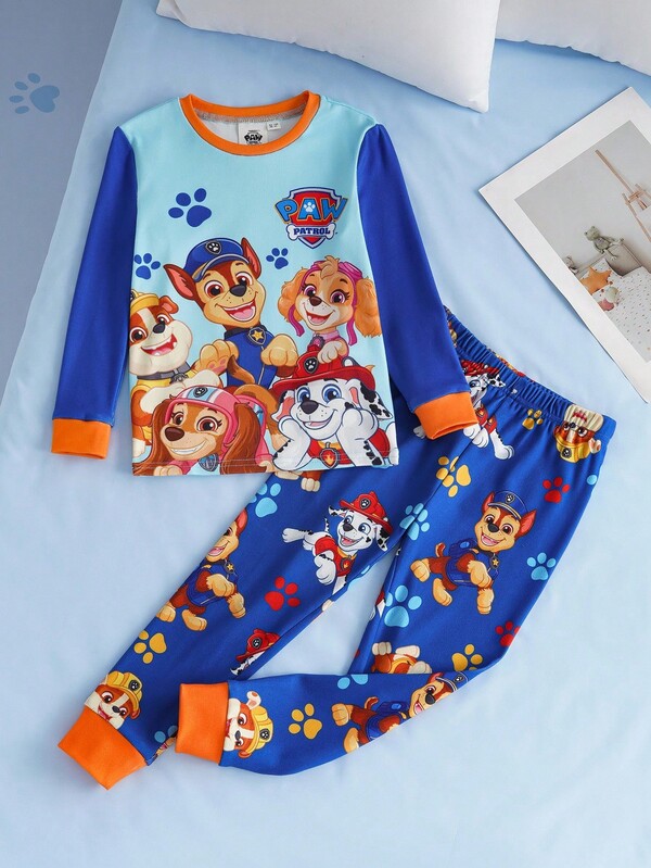 SHEIN | PAW Patrol 2pcs/Set Young Boy Casual Dog Print Round Neck Long Sleeve T-Shirt And Pants Comfortable Stretchy Pajama Set