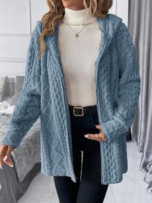 SHEIN Clasi Plus Size Women Zip-Up Fleece Hooded Jacket, Autumn/Winter - Blue - View 8