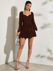 SHEIN BAE 轻盈透视蝴蝶结系带灯笼袖开衩纯黑色连衣裙，性感简约，适合海滩度假、日常穿着和约会 - 咖啡棕 - 查看 5