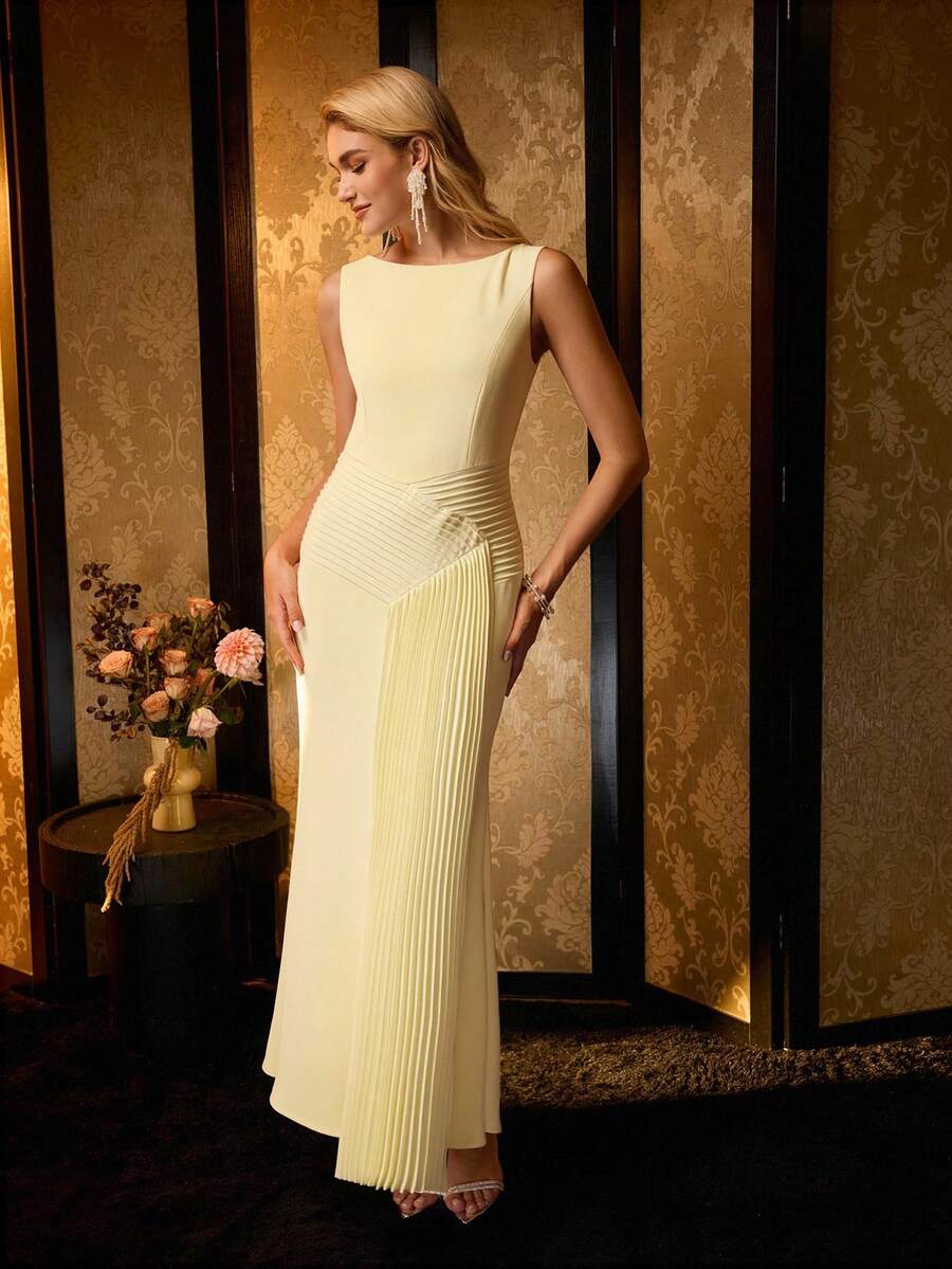 MOTF Soiréza WOMEN'S LIGHT PLEATED GATHERED DESIGN CASUAL DRESS - Yellow - View 2