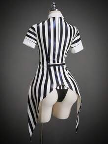 SHEIN ICON Women's Striped Bodysuit Set, Sexy & Halloween Outfit, Suitable For Parties, Autumn/Winter Stripper Outfit Gothic Bathing Suit Black And White Swimsuit Gothic Swimwear