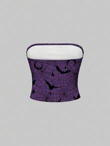 ROMWE Goth 万圣节深紫色蜘蛛网、蝙蝠、太阳、月亮、星星印花短款女式背心