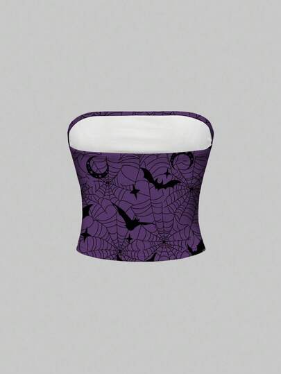 Goth Débardeur court pour femmes avec imprimé toile d'araignée violette foncée, chauve-souris, soleil, lune et étoiles pour Halloween