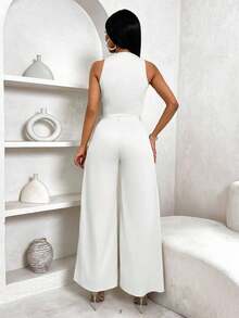 BamGleam Bộ 2 món áo vest đơn hàng khuy và quần ống rộng dáng rộng thoải mái dành cho nữ - trắng - Xem 2