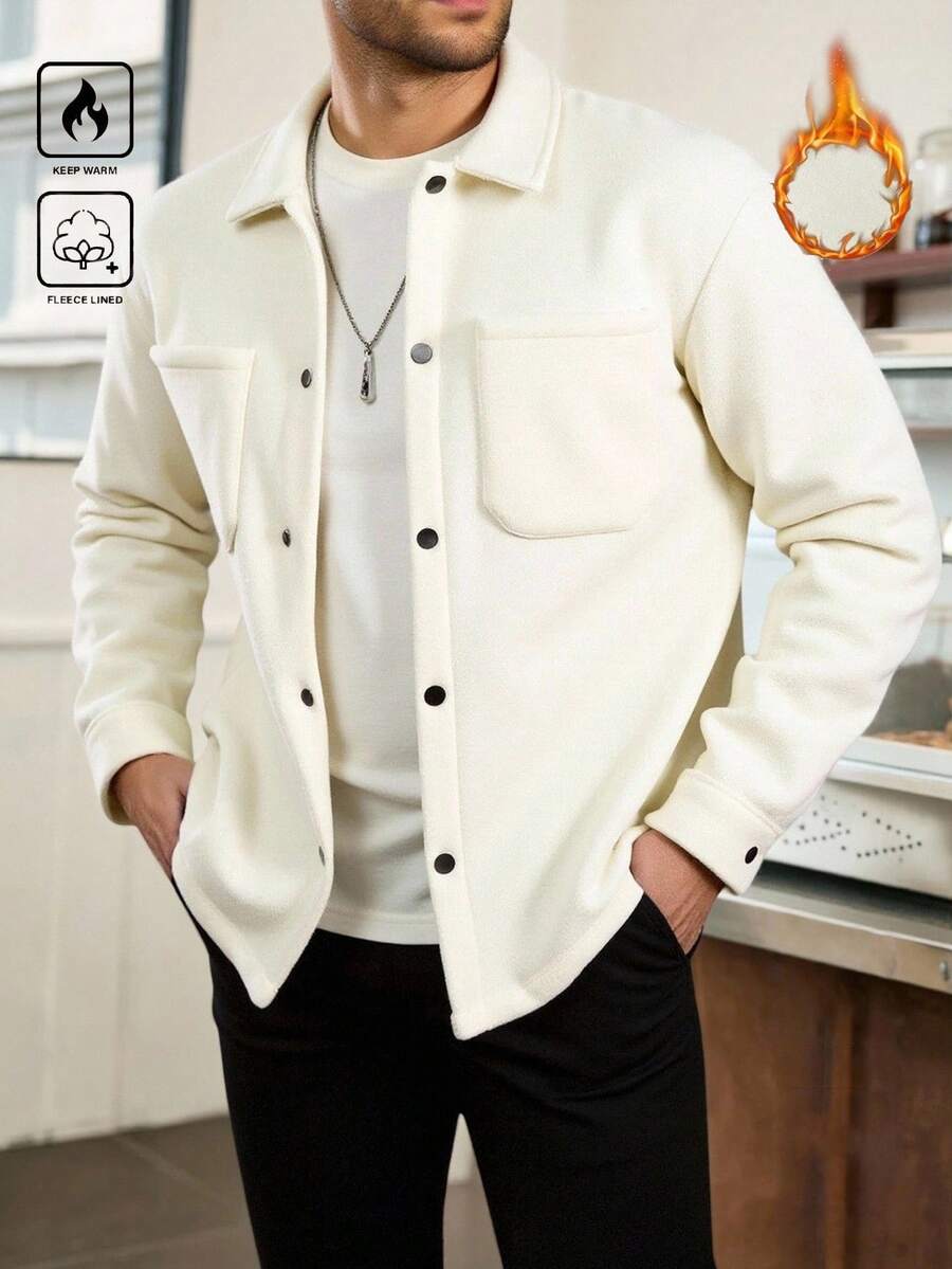 Manfinity Homme 男士休闲长袖口袋衬衫式外套，秋冬季奶油色男士白色抓绒衬衫式外套 - 米色 - 查看 1