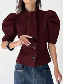 Aloruh Chaqueta de lana de manga corta de unicolor y estilo retro para mujer en otoño/invierno - Burdeos - Ver 7