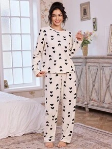 CottageSlumber Cheese-Color Reversible Fleece Fluffy Pajama Set With Black Heart Print For Women, Fall Winter Clothes - Beige - View 3