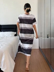 SHEIN Áo ngủ nữ tay ngắn kẻ sọc, cổ tròn, kiểu dáng mùa hè, kiểu váy ngủ Moo Moo. - Đen và trắng - Xem 6